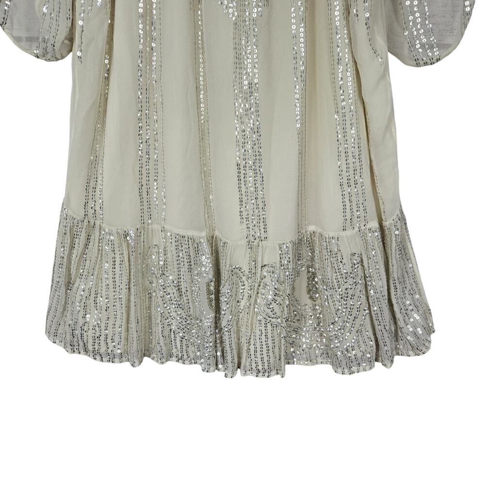 Carolina K Sequin Dress M Cream Cottagecore Sheer Sleeve Ruffle Tier Fairy Glam - Picture 4 of 15